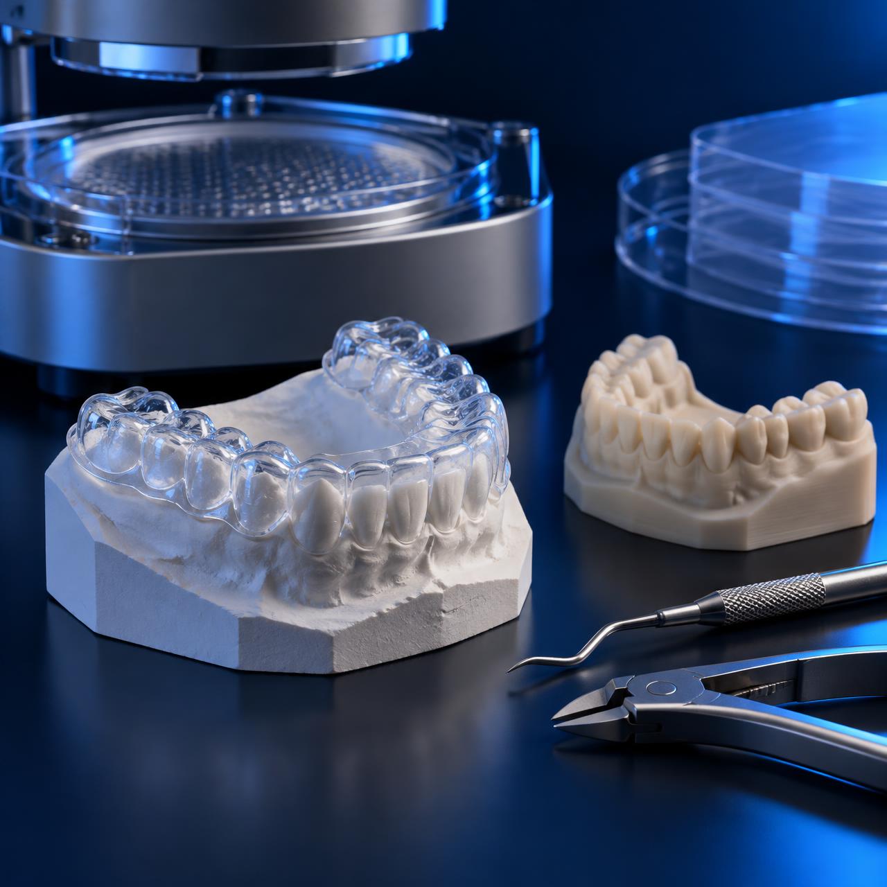 Placa de contenção Clear sobre modelo de gesso, modelo impresso em 3D, plastificadora e instrumentos